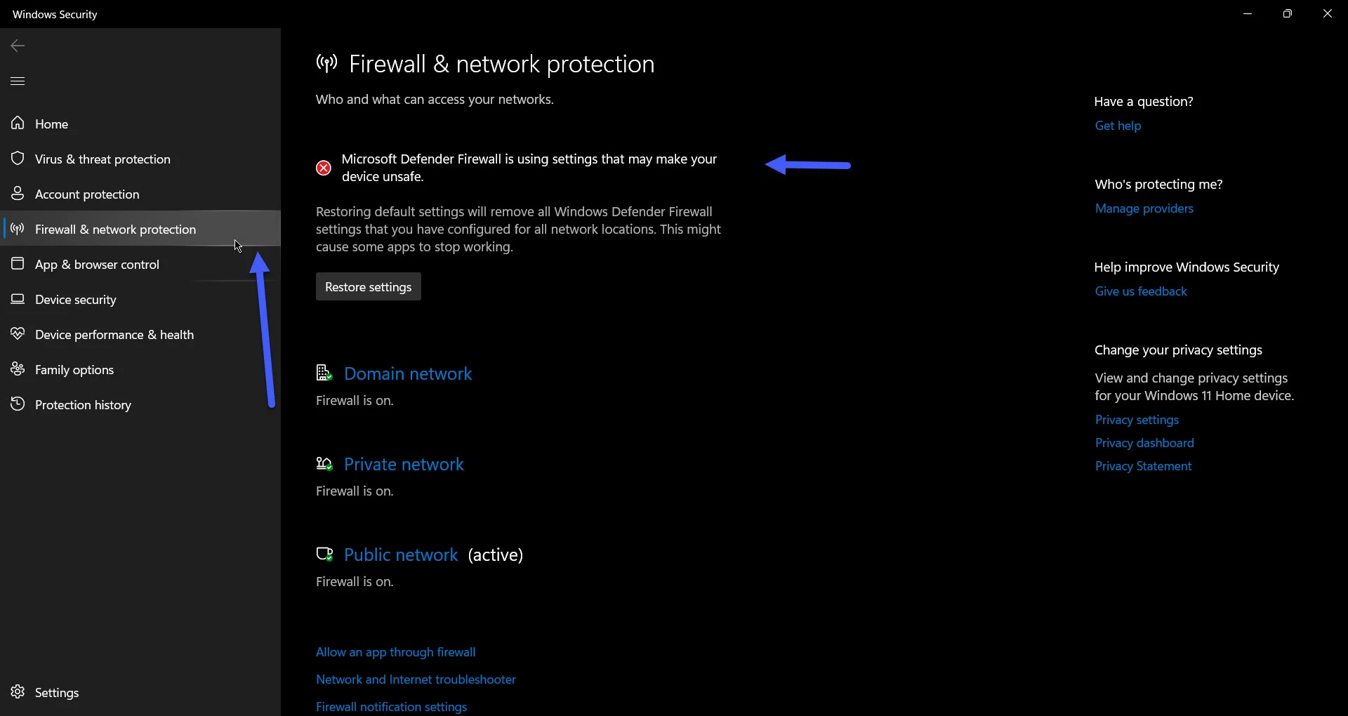 تنظیمات فایروال و محافظت از اینترنت در ویندوز 11