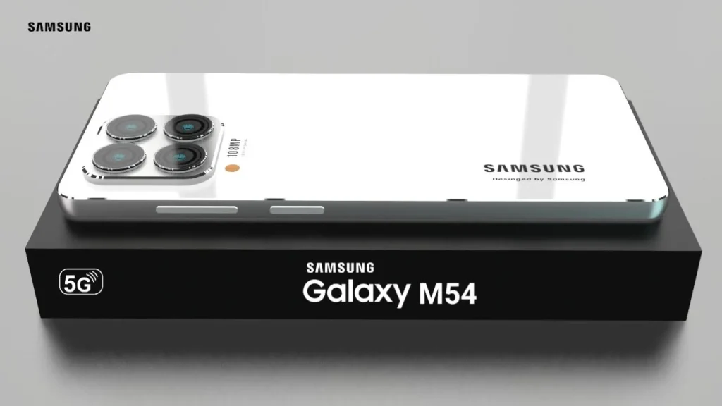 گوشی سامسونگ مدل Galaxy M54 بر روی جعبه مشکی و لوگوی سامسونگ