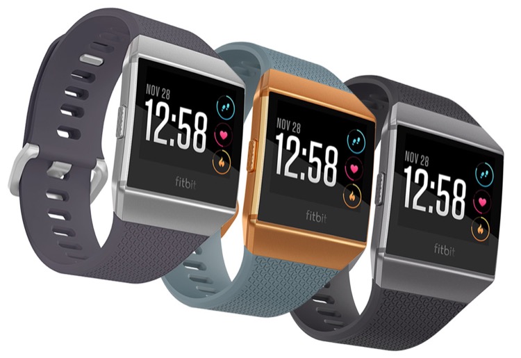 ساعت ورزشی Fitbit Ionic smart watch در رنگ های مشکی و آبی صفحه نمایش مستطیلی همراه با نمایش ساعت، ضربان قلب و دما