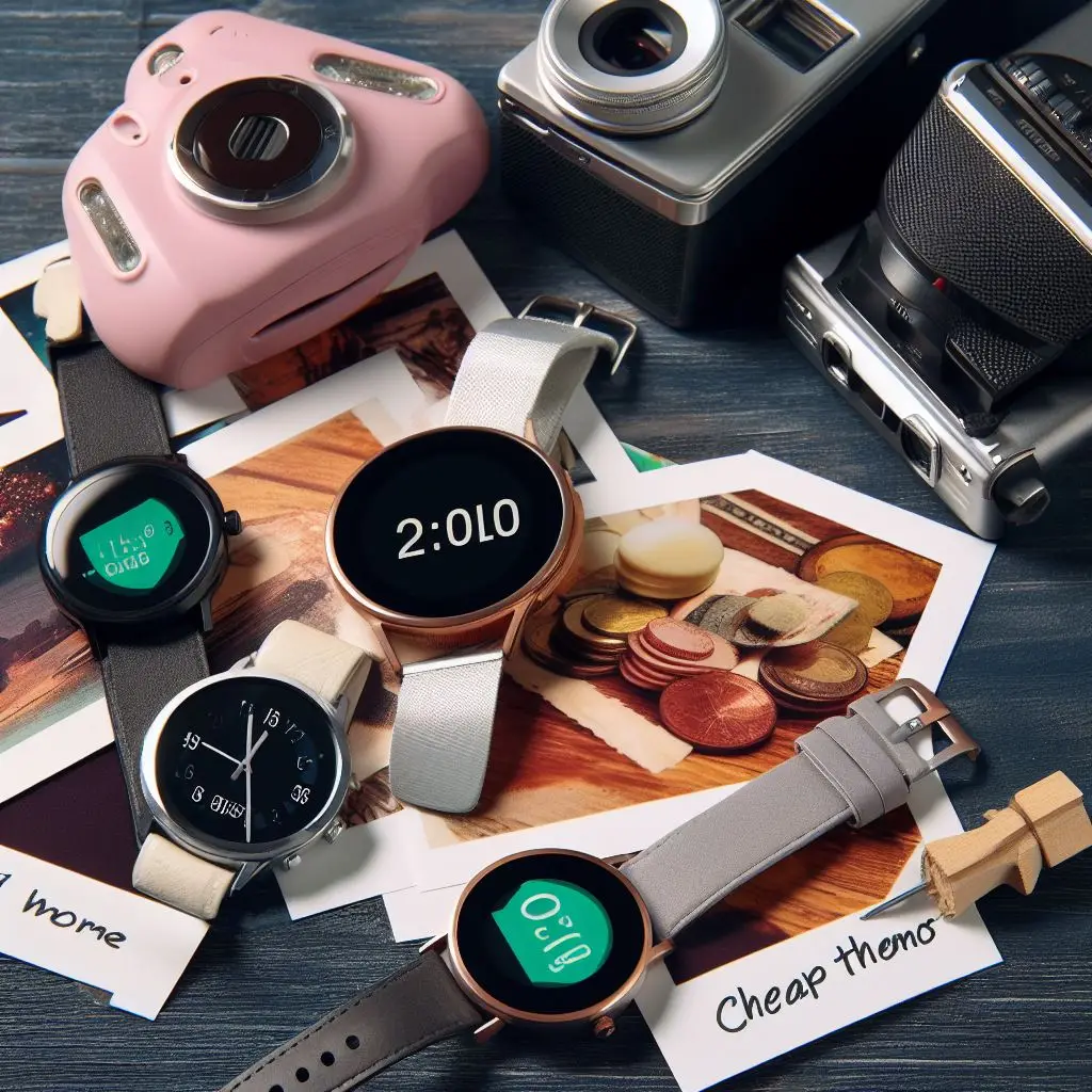 عکس تولید شده با هوش مصنوعی در مورد بهترین ساعت هوشمند ارزان قیمت در کنار دوربین عکاسی 