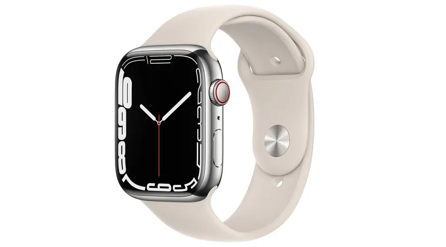 ساعت هوشمند اپل سری 7 آلومینیوم سیلور با بند سیلیکون سفید مشکی، با نمایش اعداد در بخش کناری صفحه نمایش