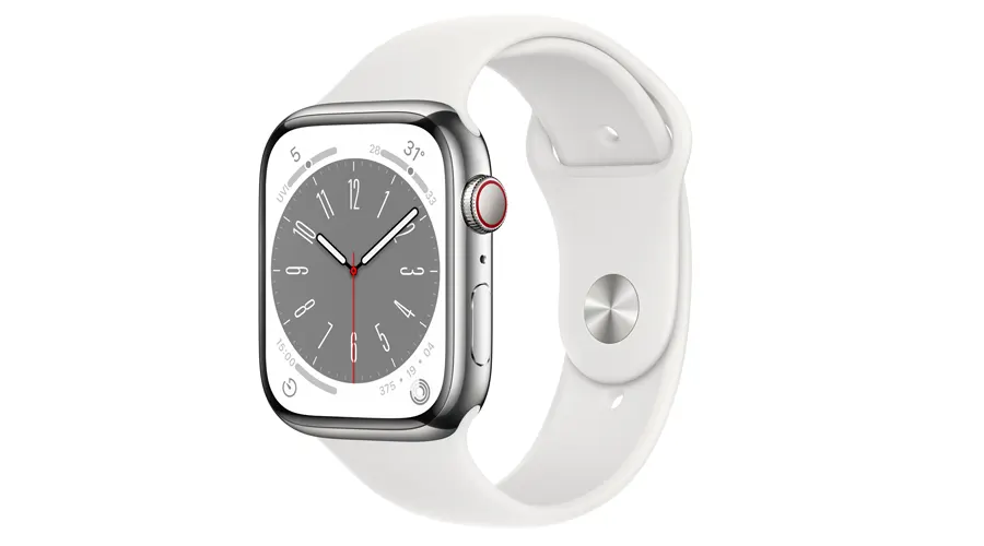 ساعت هوشمند اپل سری 8 آلومینیوم سیلور با بند سیلیکون سفید با نمایش ساعت و عقربه، صفحه نقره ای و سفید