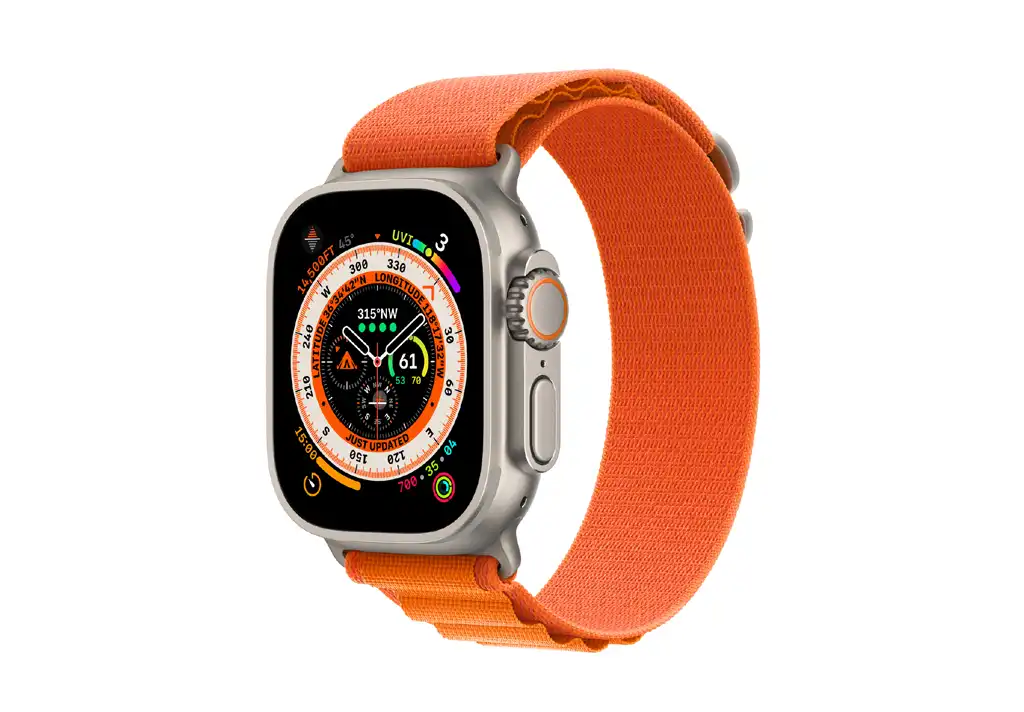 ساعت هوشمند اپل سری Ultra بدنه تیتانیومی 49 میلمتری با بند Orange Alpine Loop
