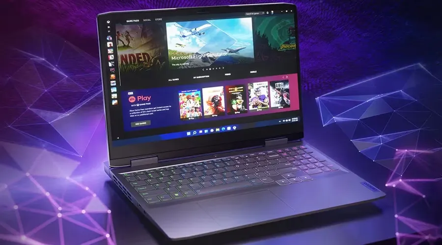 نمایش صفحه دسکتاپ لپ تاپ لنوو مدل LOQ Gaming i7 با زمینه آبی و بنفش