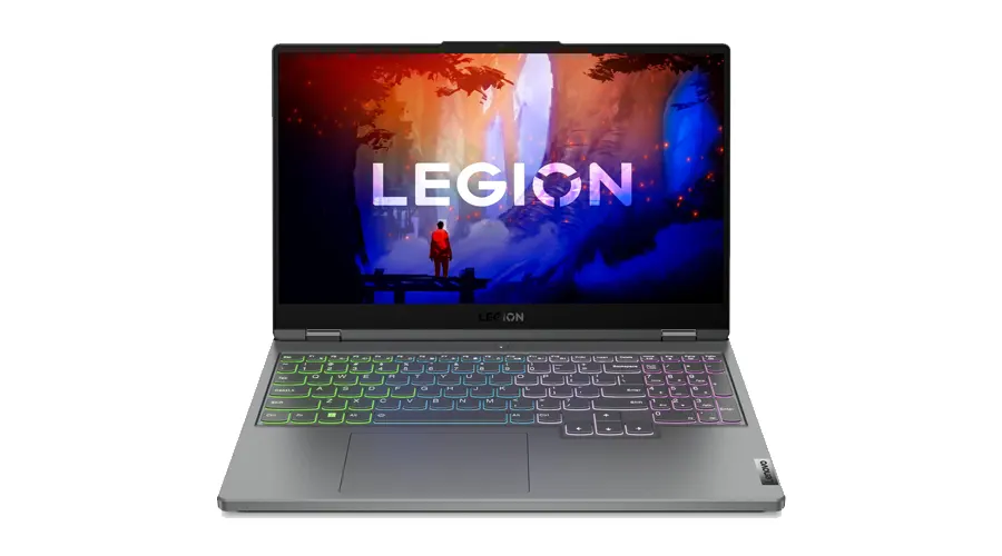 نمایش تصویری گرافیکی روی صفحه نمایش لپ تاپ لنوو مدل Legion 5 با کیبورد RGB با پس زمینه سفید